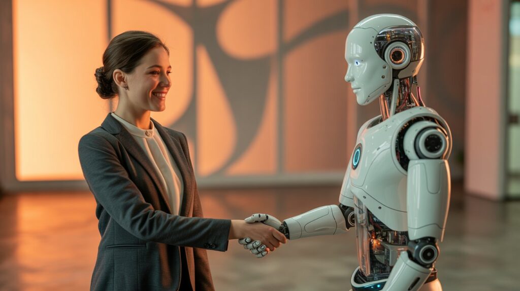 IA Vs humana Mujer dando la mano a robot humanoide